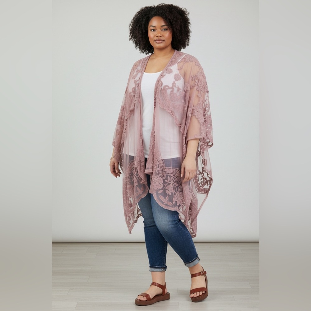 Torrid dusty blush pink lace/mesh duster/shawl/wrap women’s one size
